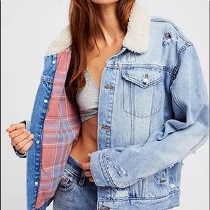 FREE PEOPLE PLAID LINED DENIM SHERPA JACKET